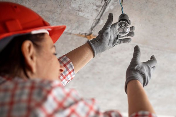 Electrician working on overhead electrical wiring while wearing protective equipment