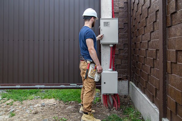 Electrician inspecting an outdoor electrical switchboard beside a brick wall
